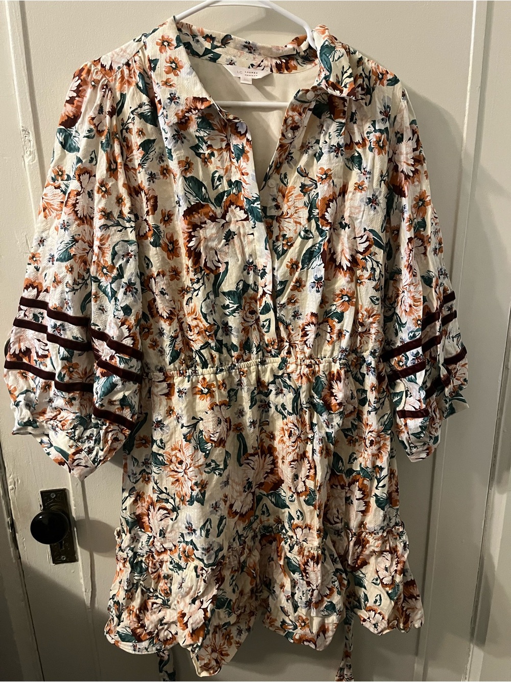 Floral Cream & Rust Puff-Sleeve Women's Dress